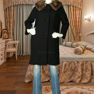 50s Vintage Mink Fur Collar Black Rockabilly Pin Up Swing Princess Wool Coat M
